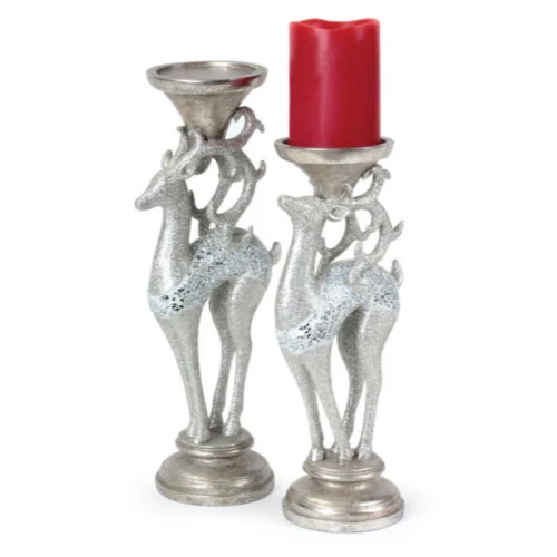Melrose Set Of 2 Silver Deer Christmas Pillar Candle Holders 14.25" 4 Melrose Set Of 2 Silver Deer Christmas Pillar Candle Holders 14.25" - Image 2