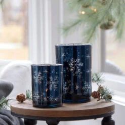 Melrose Set Of 2 Blue And Silver Snowflakes Printed Christmas Candle Holders 7" -Christmas Decoration Store melrose 77592 3 updated 89641.1588358717