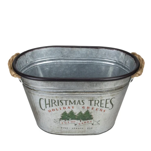11" Silver Oval Christmas Tree Bucket With Jute Rope 3 11" Silver Oval Christmas Tree Bucket With Jute Rope