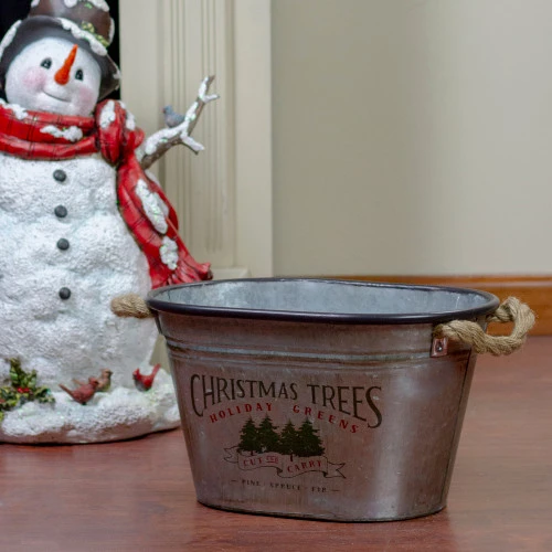 11" Silver Oval Christmas Tree Bucket With Jute Rope 4 11" Silver Oval Christmas Tree Bucket With Jute Rope - Image 2