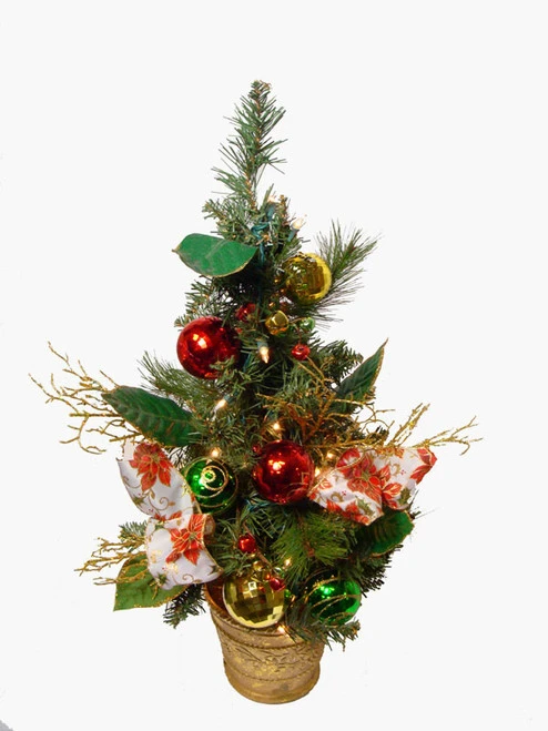 2' Poinsettia Ribbon And Ball Ornament Pre-Lit Decorated Christmas Tree - Clear Lights 3 2' Poinsettia Ribbon And Ball Ornament Pre-Lit Decorated Christmas Tree - Clear Lights