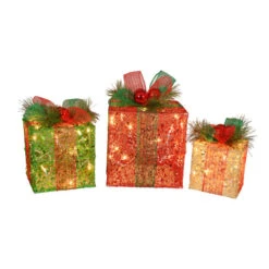Northlight Set Of 3 Pre-Lit Red And Green Glitter Gift Box Outdoor Christmas Yard Decors 10"