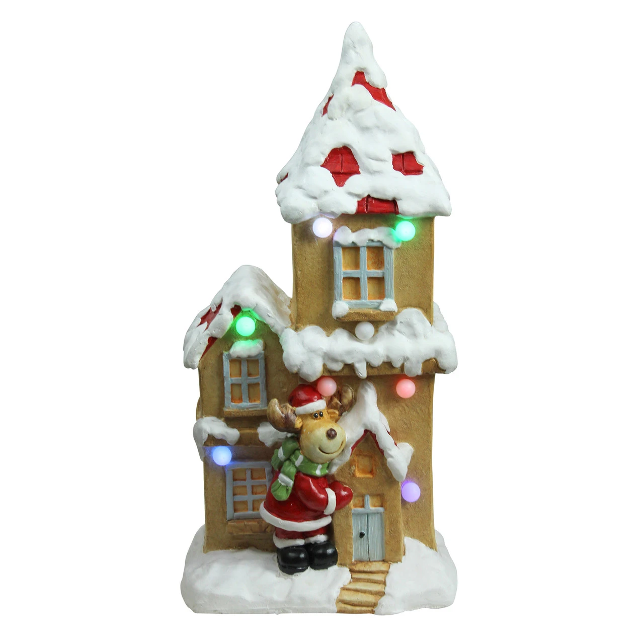 Northlight 21.25" White And Brown Pre-Lit LED House With Reindeer Santa Musical Christmas Tabletop Decor 3 Northlight 21.25" White And Brown Pre-Lit LED House With Reindeer Santa Musical Christmas Tabletop Decor