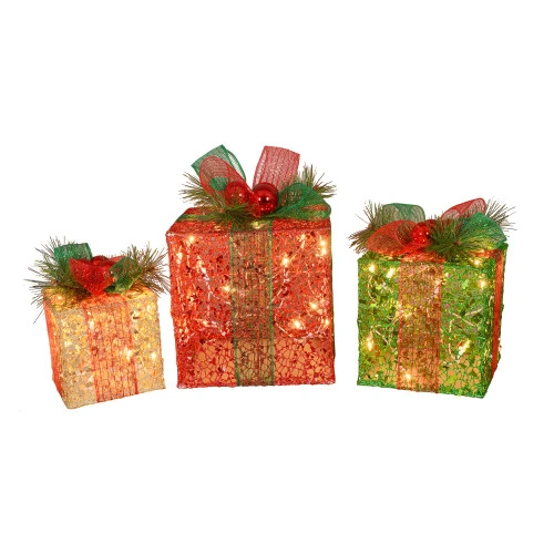 Northlight Set Of 3 Pre-Lit Red And Green Glitter Gift Box Outdoor Christmas Yard Decors 10" 4 Northlight Set Of 3 Pre-Lit Red And Green Glitter Gift Box Outdoor Christmas Yard Decors 10" - Image 2