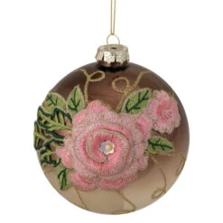 Northlight 2-Finish Brown And Pink Floral Applique Glass Christmas Ball Ornament 5" (125mm)