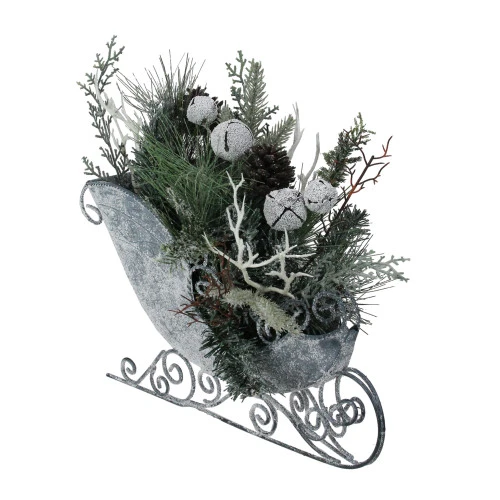 Northlight 9.5" Gray And Green Frosted Christmas Pinecone, Bell And Foliage Filled Tabletop Sleigh 4 Northlight 9.5" Gray And Green Frosted Christmas Pinecone, Bell And Foliage Filled Tabletop Sleigh - Image 2