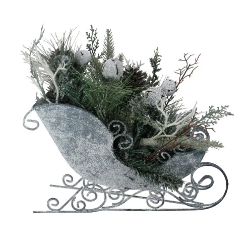Northlight 9.5" Gray And Green Frosted Christmas Pinecone, Bell And Foliage Filled Tabletop Sleigh 3 Northlight 9.5" Gray And Green Frosted Christmas Pinecone, Bell And Foliage Filled Tabletop Sleigh
