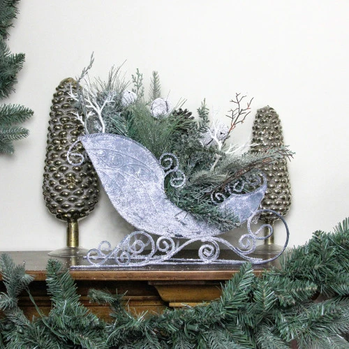 Northlight 9.5" Gray And Green Frosted Christmas Pinecone, Bell And Foliage Filled Tabletop Sleigh 5 Northlight 9.5" Gray And Green Frosted Christmas Pinecone, Bell And Foliage Filled Tabletop Sleigh - Image 3