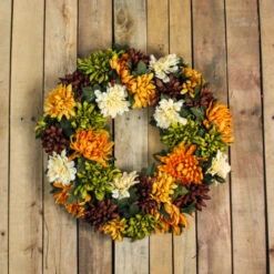 Northlight Autumn Orange And Green Chrysanthemum Artificial Thanksgiving Wreath - 19.5-Inch, Unlit -Christmas Decoration Store northlight kji2015967 40215.1665610430