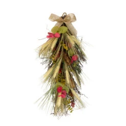Northlight 24" Autumn Harvest Wheat And Eucalyptus With Feathers Teardrop Swag - Unlit