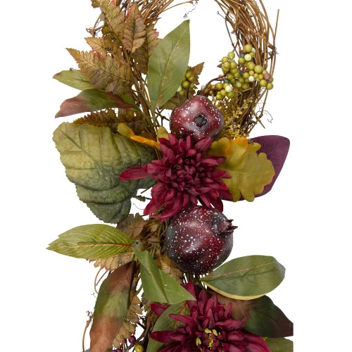 Northlight 28" Autumn Harvest Mums With Pomegranate Autumn Grapevine Teardrop Swag - Unlit 5 Northlight 28" Autumn Harvest Mums With Pomegranate Autumn Grapevine Teardrop Swag - Unlit - Image 3