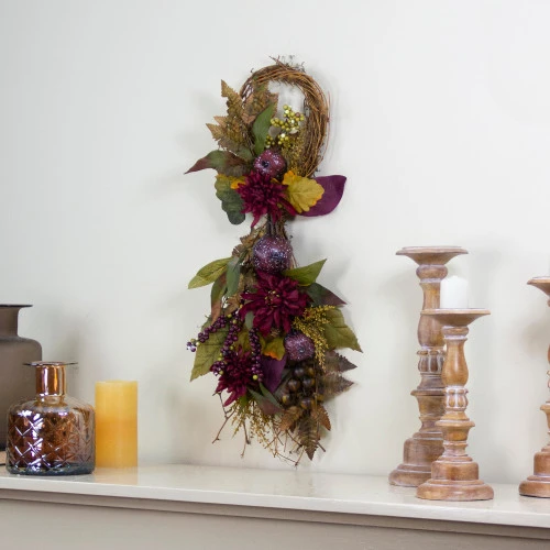 Northlight 28" Autumn Harvest Mums With Pomegranate Autumn Grapevine Teardrop Swag - Unlit 4 Northlight 28" Autumn Harvest Mums With Pomegranate Autumn Grapevine Teardrop Swag - Unlit - Image 2