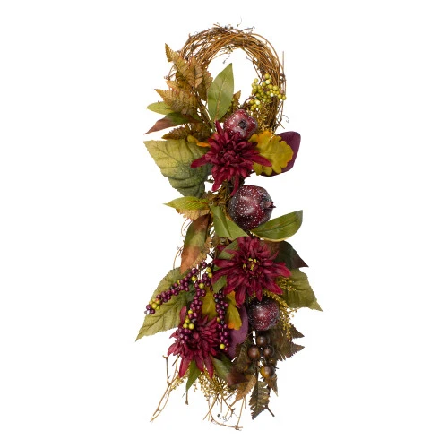 Northlight 28" Autumn Harvest Mums With Pomegranate Autumn Grapevine Teardrop Swag - Unlit 3 Northlight 28" Autumn Harvest Mums With Pomegranate Autumn Grapevine Teardrop Swag - Unlit