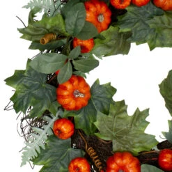 Northlight Maple And Fern Leaves With Pumpkins Artificial Wreath, Orange 24-Inch -Christmas Decoration Store northlight kji28193 1 03618.1663615646