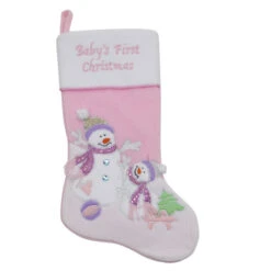 Northlight 21" Light Pink Baby's First Christmas Velveteen Snowmen Christmas Stocking