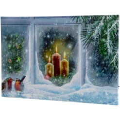 Northlight LED Lighted Snowy Window Pane And Candles Christmas Canvas Wall Art 23.5" X 15.5"