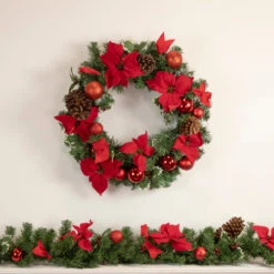 Northlight Poinsettia With Pinecone And Ball Artificial Christmas Wreath, 24-Inch, Unlit -Christmas Decoration Store northlight s84896 s84897 style 84591.1659648248