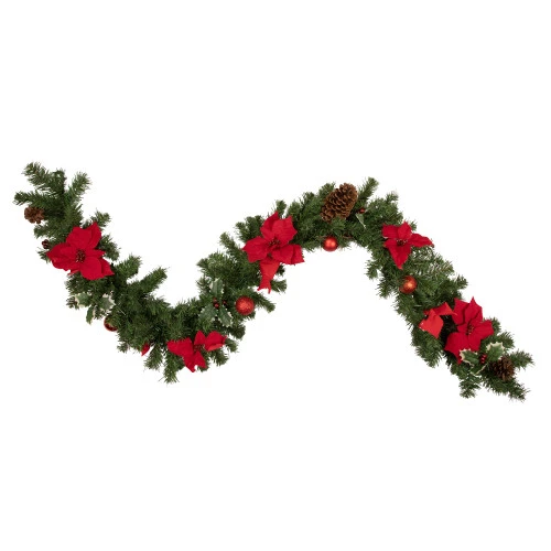 Northlight 6' X 9" Red Pre-Decorated Poinsettia And Pine Cone Artificial Christmas Garland - Unlit 3 Northlight 6' X 9" Red Pre-Decorated Poinsettia And Pine Cone Artificial Christmas Garland - Unlit