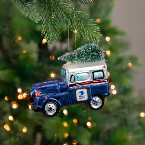 Northlight 5" Blue And White "U.S. Mail" Service Truck With Tree Glass Christmas Ornament 4 Northlight 5" Blue And White "U.S. Mail" Service Truck With Tree Glass Christmas Ornament - Image 2