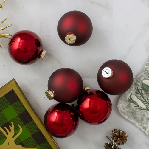Northlight 6ct Burgundy Red 2-Finish Glass Ball Christmas Ornaments 3.25" (80mm) 4 Northlight 6ct Burgundy Red 2-Finish Glass Ball Christmas Ornaments 3.25" (80mm) - Image 2