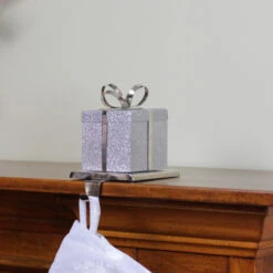 Northlight 5.5" Silver Glitter Gift Box With Bow Christmas Metal Stocking Holder -Christmas Decoration Store northlight wy15258 3 61533.1691247511