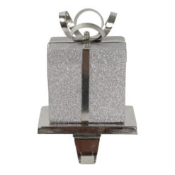 Northlight 5.5" Silver Glitter Gift Box With Bow Christmas Metal Stocking Holder -Christmas Decoration Store northlight wy15258 96889.1691247511