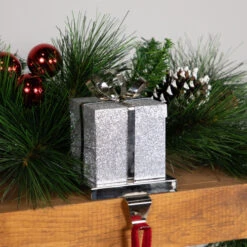 Northlight 5.5" Silver Glitter Gift Box With Bow Christmas Metal Stocking Holder -Christmas Decoration Store northlight wy15258 styled 2 03843.1691247510
