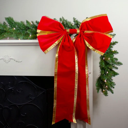 Northlight 24" X 38" Red 4-Loop Velveteen Christmas Bow With Gold Trim 4 Northlight 24" X 38" Red 4-Loop Velveteen Christmas Bow With Gold Trim - Image 2
