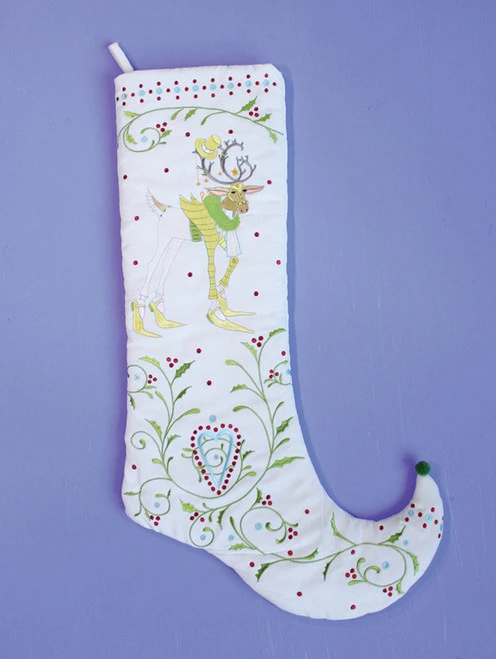 28" White And Green Prancer Embroidered Christmas Stocking 3 28" White And Green Prancer Embroidered Christmas Stocking