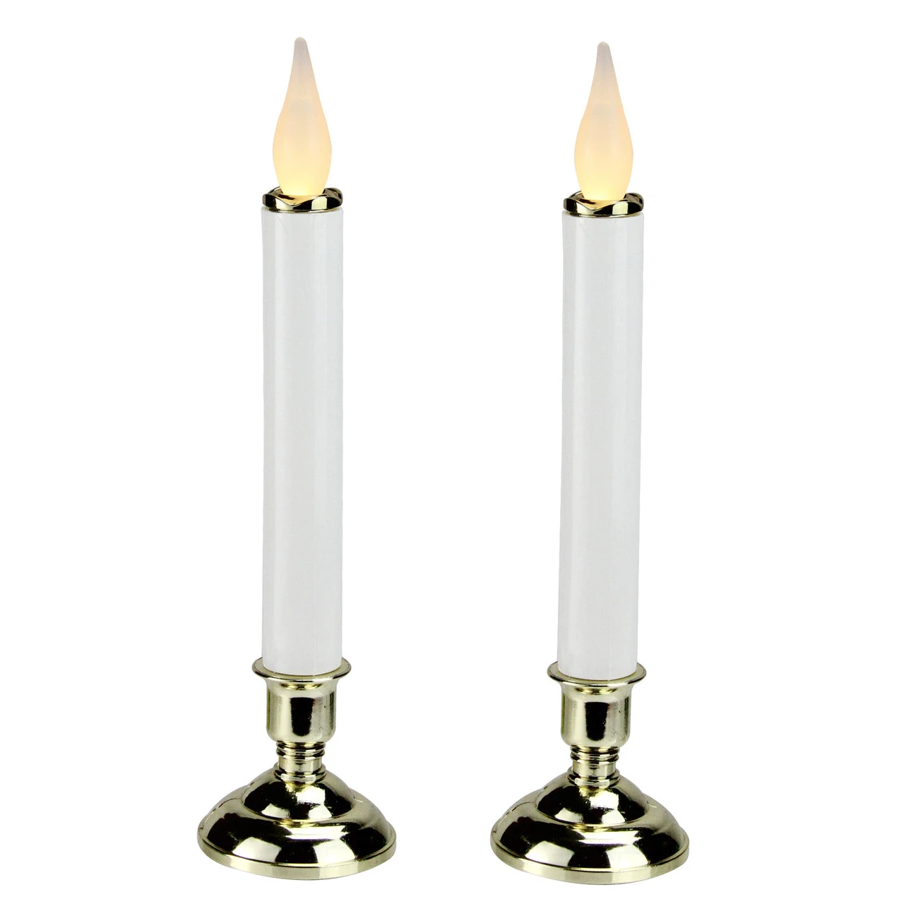 Set Of 2 Battery Operated White And Gold LED Christmas Candle Lamps With Base 9.75" 3 Set Of 2 Battery Operated White And Gold LED Christmas Candle Lamps With Base 9.75"