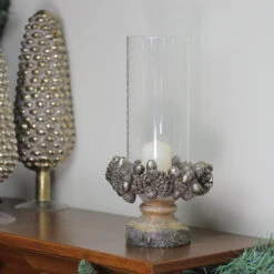11" Rustic Acorn And Pinecone Tree Pillar Candle Holder With Glass Case -Christmas Decoration Store raz 3801644 3 73006.1665610435