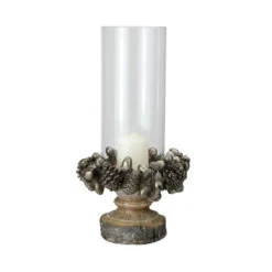 11" Rustic Acorn And Pinecone Tree Pillar Candle Holder With Glass Case