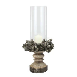 13" Rustic Acorn And Pinecone Tree Pillar Candle Holder With Glass Case