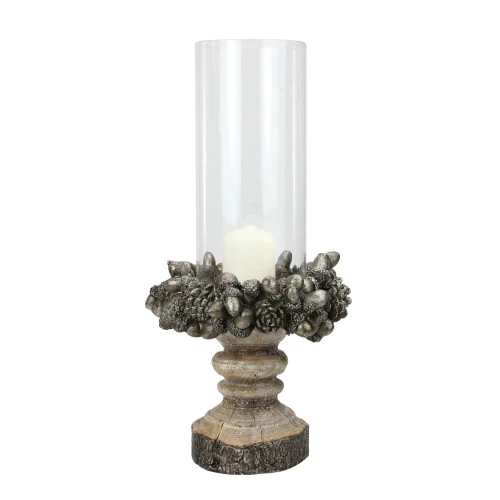 13" Rustic Acorn And Pinecone Tree Pillar Candle Holder With Glass Case 3 13" Rustic Acorn And Pinecone Tree Pillar Candle Holder With Glass Case