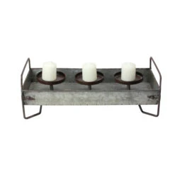 15" Rustic Galvanized Metal Triple Pillar Candle Holder Tray -Christmas Decoration Store raz 3828975 2 44751.1588350219