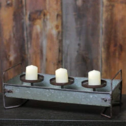 15" Rustic Galvanized Metal Triple Pillar Candle Holder Tray -Christmas Decoration Store raz 3828975 4 96970.1588350220