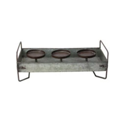 15" Rustic Galvanized Metal Triple Pillar Candle Holder Tray