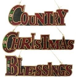 Kurt Adler Set Of 3 Red "CHRISTMAS", "COUNTRY" And "BLESSINGS" Sign Holiday Ornaments 10"