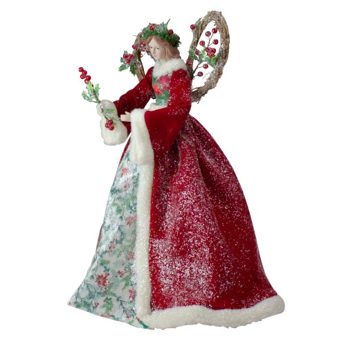 Roman Set Of 2 Beige And Red Holly Floral Dress Angel Christmas Tree Toppers 17" 4 Roman Set Of 2 Beige And Red Holly Floral Dress Angel Christmas Tree Toppers 17" - Image 2