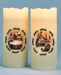 Roman 7" White And Green Santa's Train Station LED Lighted Christmas Pillar Candle