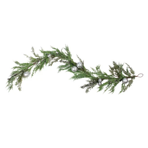 5' Green And Silver Iced Cedar Christmas Garland With Ornaments Bells - Unlit 3 5' Green And Silver Iced Cedar Christmas Garland With Ornaments Bells - Unlit