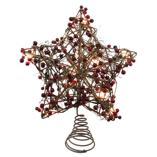 Northlight 13.5" Brown Rattan With Red Berries Star Christmas Tree Topper - Clear Lights 3 Northlight 13.5" Brown Rattan With Red Berries Star Christmas Tree Topper - Clear Lights