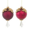 Melrose Set Of 2 Red And Gold Raised Acanthus Leaf With Clear Jewel Dangle Christmas Ornament 6.5"