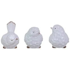 Set Of 3 Shiny White Rustic Textured Tabletop Bird Figurines 5.75"