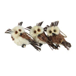 Northlight Set 3 Sisal And Twig Owl Christmas Ornaments, 3.5"