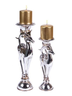 Melrose Set Of 2 Silver Reindeer Christmas Pillar Candle Holders 16"